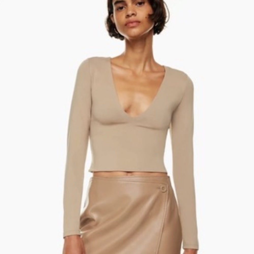 Aritzia Babaton Contour deep v neck Taupe Long Sleeve Women's Top, medium